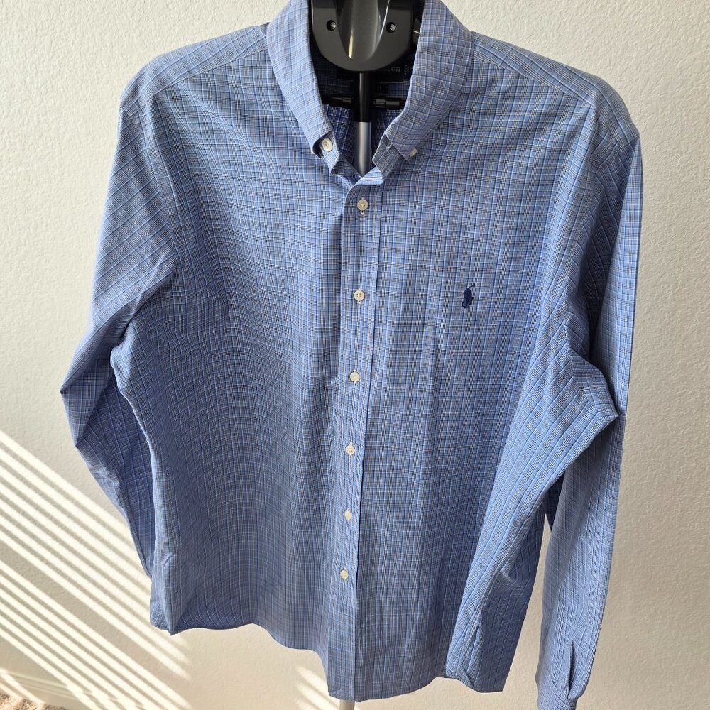 RALPH LAUREN CLASSIC FIT MENS 17/XL PLAID IN BLUES AND WHITE LONG SLEEVE SHIRT